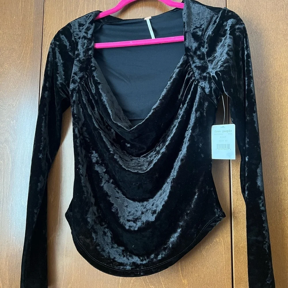 Free People Perfect Date Night Black Velvet Long Sleeve Relaxed Cowl Neck NWT XS